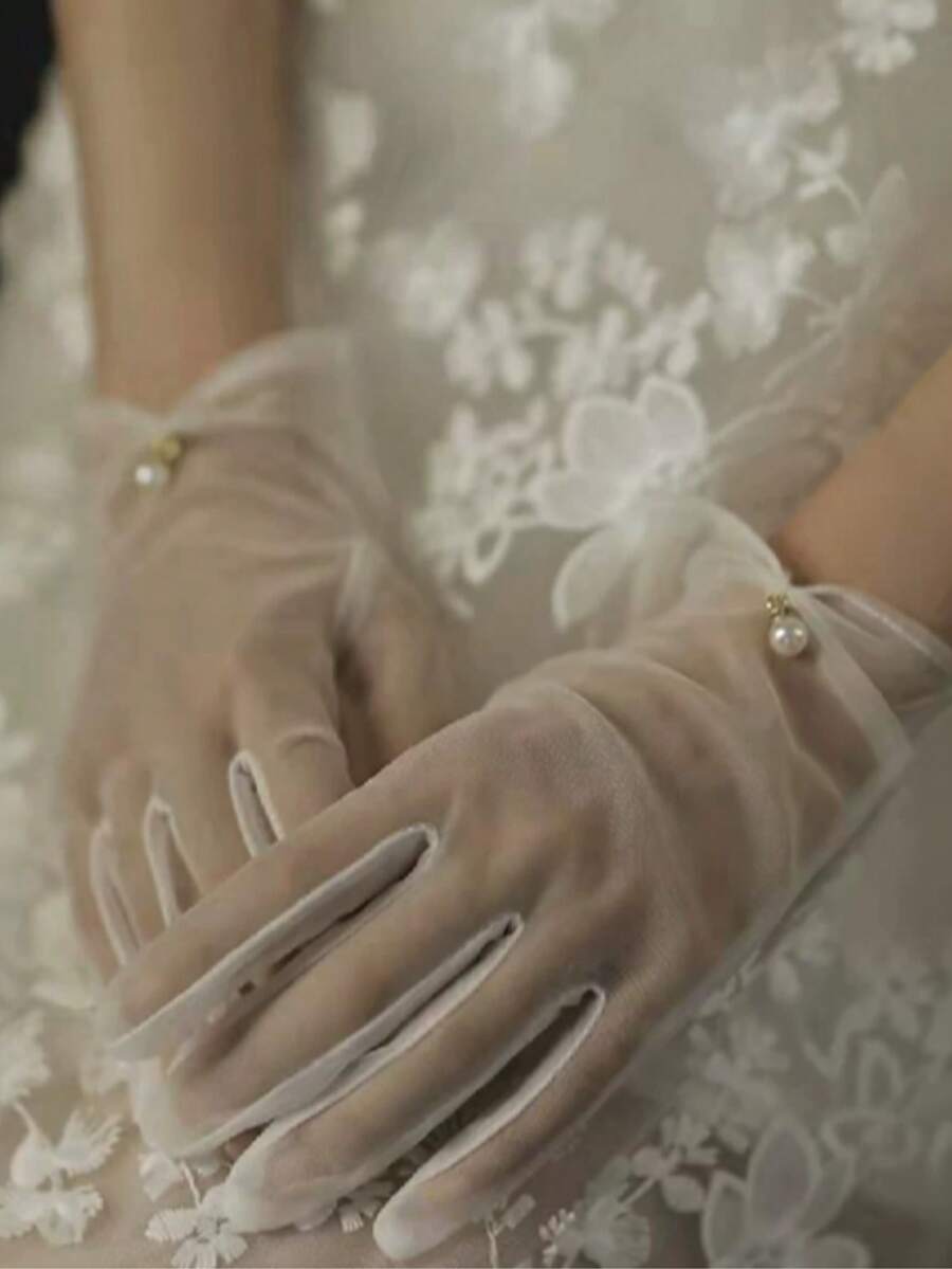 1 Pair Women's Spring/Summer Thin Lolita Bride Cosplay Lace Gloves With Bow, Versatile - White - View 1