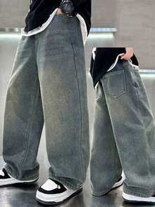 Tween Boy Loose Casual Versatile Denim Wide Leg Pants With Pockets - Blue - View 1