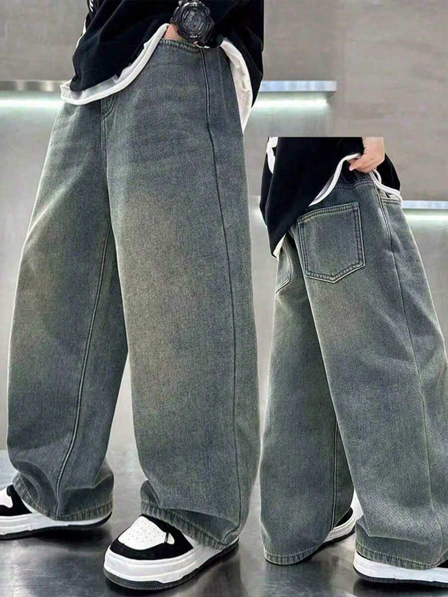 Tween Boy Loose Casual Versatile Denim Wide Leg Pants With Pockets - Blue - View 1