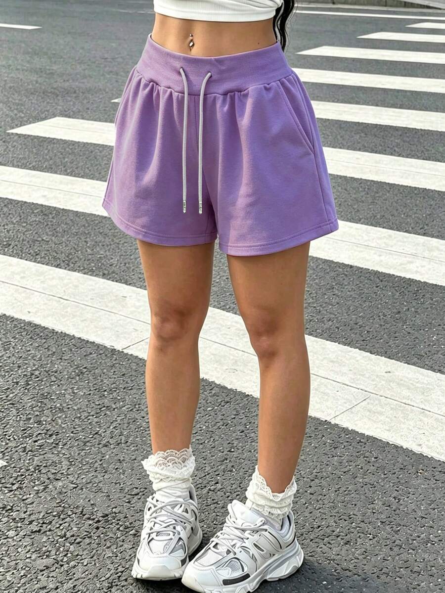 1件女款高腰短褲,附彈性腰帶與側口袋,舒適休閒運動短褲,適合夏季戶外活動 - 紫色 - 查看 1