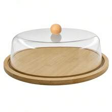 28x8.5cm Wood Bamboo Round Serving Tray With Glass Dome Lid, Cheese Cake Display Stand, Random Color - View 3