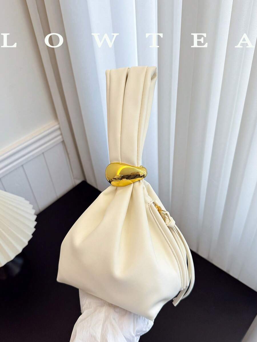 low tea 1 pieza Bolso de mano de mujer de unicolor de piel de PU, bolso mini plisado con decoración de metal y cierre con cremallera, adecuado para uso diario y salidas