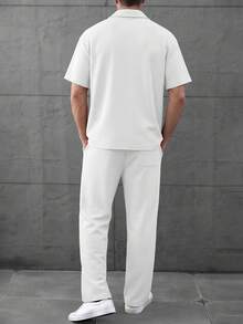 2pcs Men's Casual Set, Summer Short Sleeve Resin Button Collar Shirt And Drawstring Long Pants, Textured Polyester Fabric, Dual Pockets + Distinctive Logo, Classic Solid Color - White - View 4