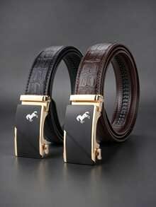 Designed With Premium Business Horse Print Automatic Buckle Belt, High-End Minimalist Men's PU Belt, Suitable For Office Wear, Essential Gift, Black And Brown Dual Colors Available - Multicolor - View 16