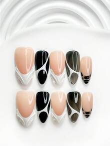 10片裝極簡黑白手工穿戴甲，Polygel美甲套組，水滴紋路，粉色與白色甲色，韓系藝術風，附美甲工具，3種尺寸可選，方型/短方型/杏仁形，適合派對、跳舞、日常配戴 - 彩色 - 查看 3
