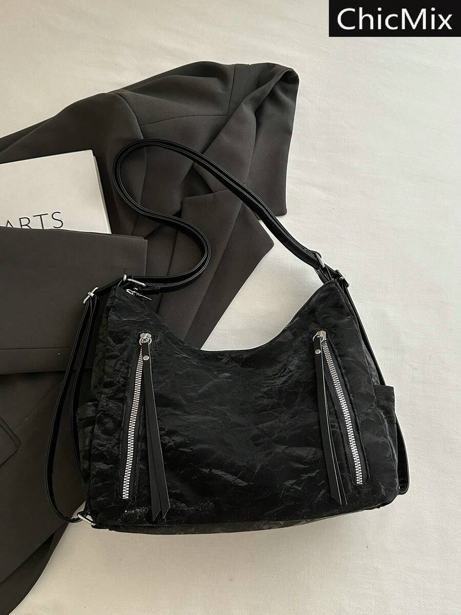Bolsa de Ombro Slouchy de Grande Capacidade em Cor Sólida na Moda, Mochila Feminina Elegante e Versátil com Zíper Decorativo e Múltiplos Bolsos, Adequada para Compras, Carteira, Compras, Mulheres Jovens, Estudantes Universitários, Recém-Chegados, Trabalhadores de Colarinho Branco. São Perfeitas para Escritório, Universidade, Trabalho, Negócios, Deslocamento, Atividades ao Ar Livre, Viagens e Passeios