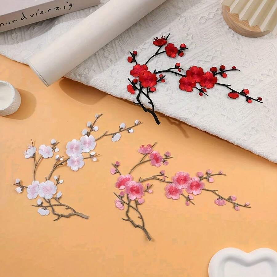 節日櫻花刺繡貼布套組-白色、紅色、粉色與棕色調-適合 DIY 手作與服飾配件 - 布貼 - 查看 1