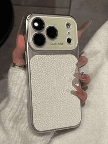 奢華電鍍邊框 AG 玻璃鏡頭保護荔枝紋人造皮革手機殼,適用於 iPhone 17 ProMax 17Pro 17 16 15 14 13 Pro Max,防震軟背蓋 - 銀白色 - 查看 3