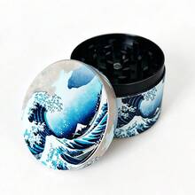 1PC Blue & White Wave Mount 4-Layer Grinder, Landscape Full Color Printed Aluminum Alloy 50mm Grinder, Portable Manual Herb Grinder Smoking Accessory - View 2