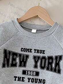 Girls Letter Print Crew Neck Long Sleeve Top And Wide Leg Pants With Bow Decor, Autumn/Winter - Grey - View 3