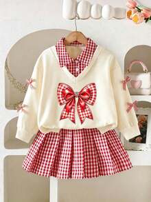 Tween Girl Cartoon Print 2 In 1 Long Sleeve Top And Plaid Skirt - Apricot - View 1