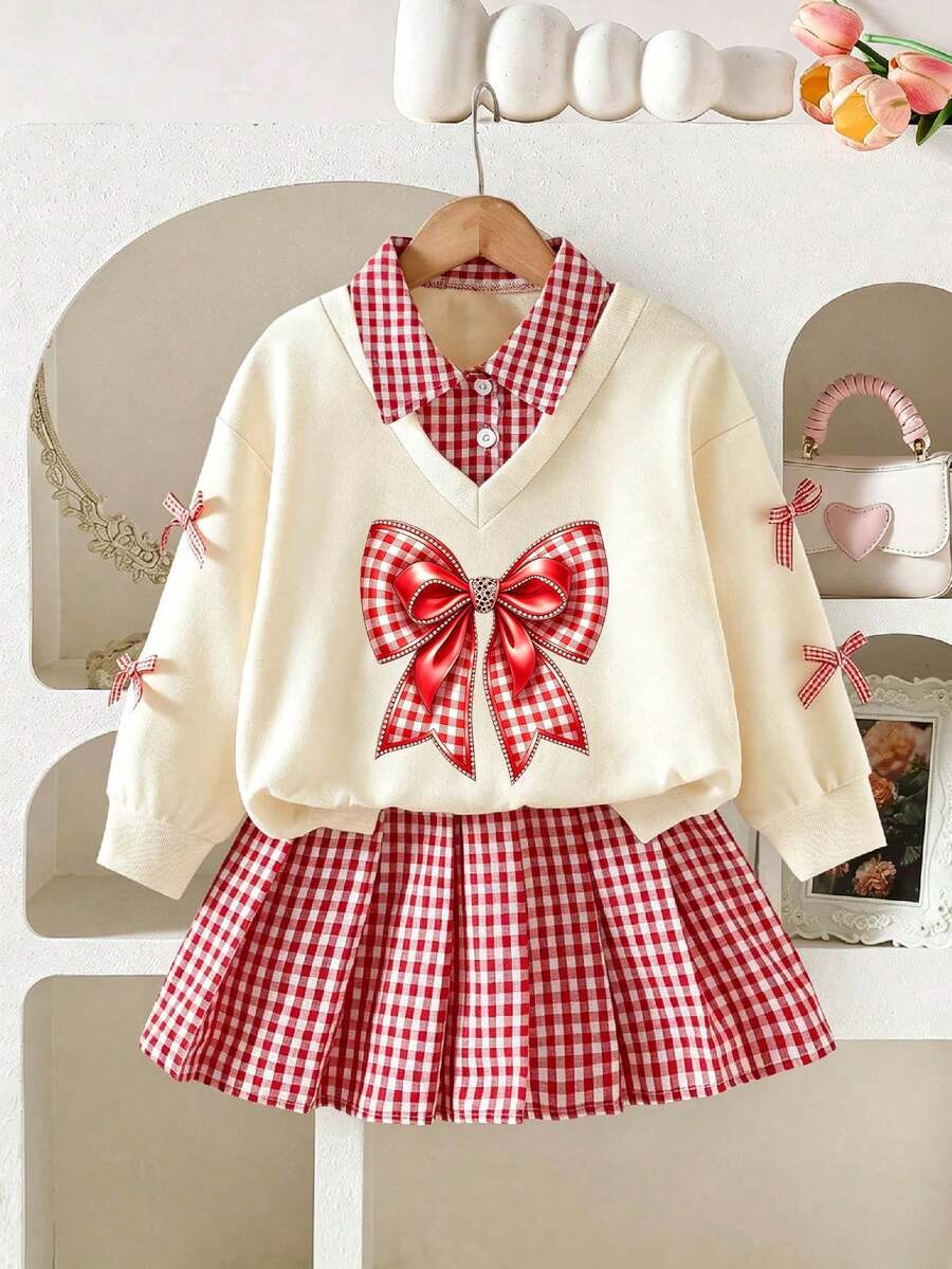 Tween Girl Cartoon Print 2 In 1 Long Sleeve Top And Plaid Skirt - Apricot - View 1