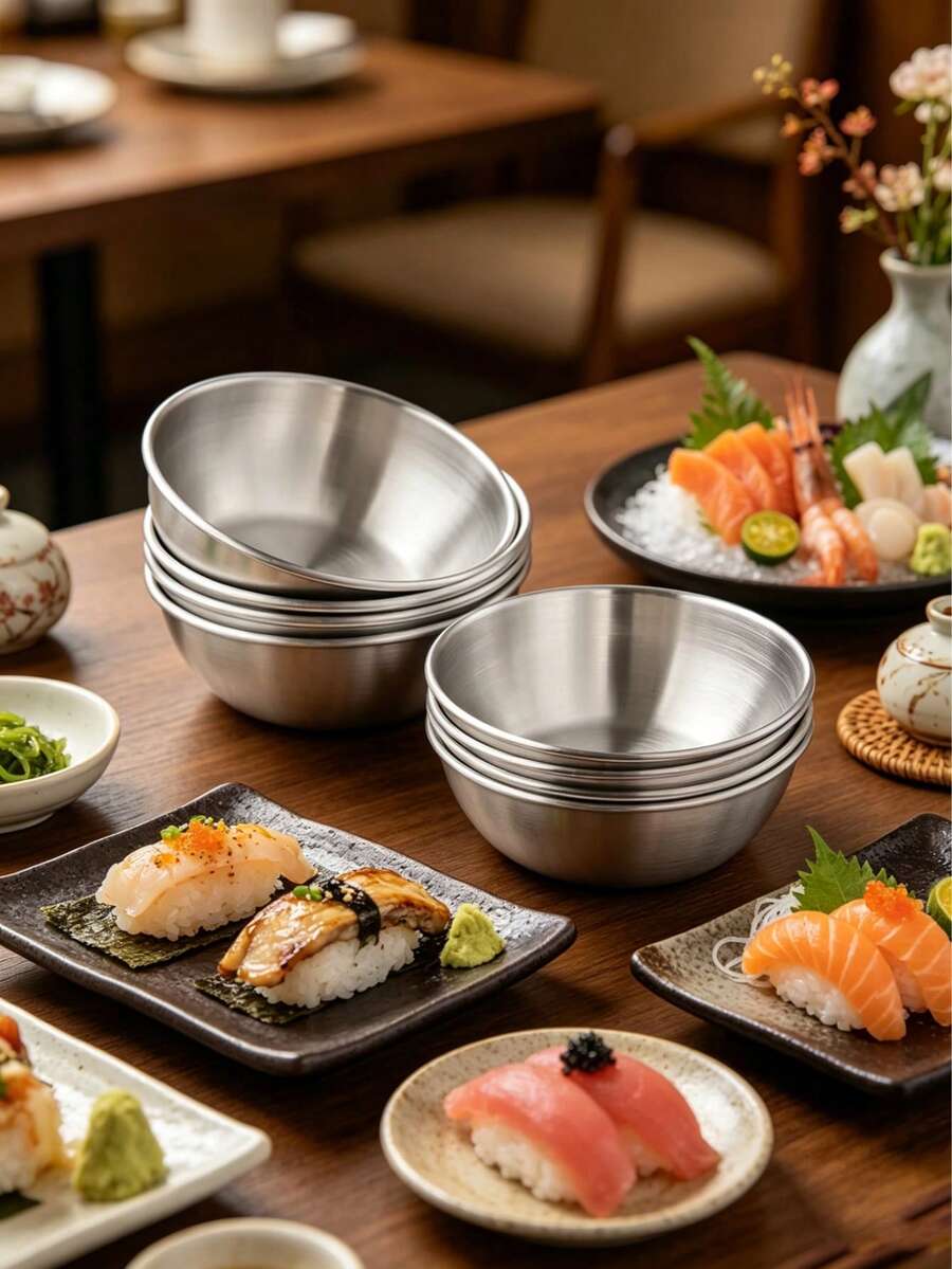 8pcs/6pcs/5pcs/1pc Stainless Steel Dipping Sauce Dish Set, Multi-Functional Round Tray With Small Bowls, Suitable For Sushi, Hot Pot, BBQ, Fried Chicken, Butter And Jam, Elegant Tableware For Dinner And Breakfast Butter Dish, Kitchen Gadget, Kitchen Essential, Suitable For Kitchen And Party Use. Christmas, Halloween, Thanksgiving Gift. - View 1