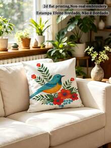 1pc Watercolor Style Vibrant Wild Bird & Plant Floral Leaf Pattern Country Style Spring Sofa Home Decor Pillow Cover (Pillow Insert Not Included) - Multicolor - View 7