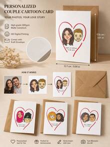 Custom Hand Drawn Couple Portrait Greeting Card, Cartoon Portrait Created From Your Photo, Personalized Names And Date. Perfect Romantic Gift For Anniversary, Valentine's Day, Engagement, Wedding And Surprise For Your Partner. - Multicolor - View 6
