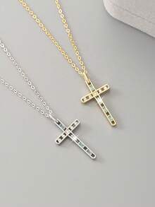1pc S925 Sterling Silver Cool Style Blue Diamond & Crushed Diamond Cross Necklace, Minimalist Thin Rhinestone Cross Collarbone Chain, Niche Commuter Versatile Faith Pendant Gift - Cross - View 3