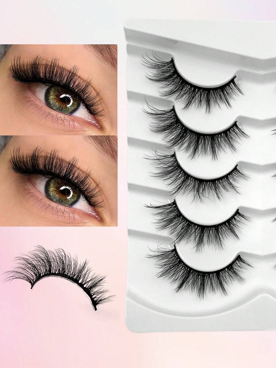 ENCHUW 5 Pairs Of Natural False Eyelashes Natural Look Soft And Fluffy Eyelashes 3D Curling DIY At Home Suitable For Daily Outings, Dates, And Party Use - Black - View 1