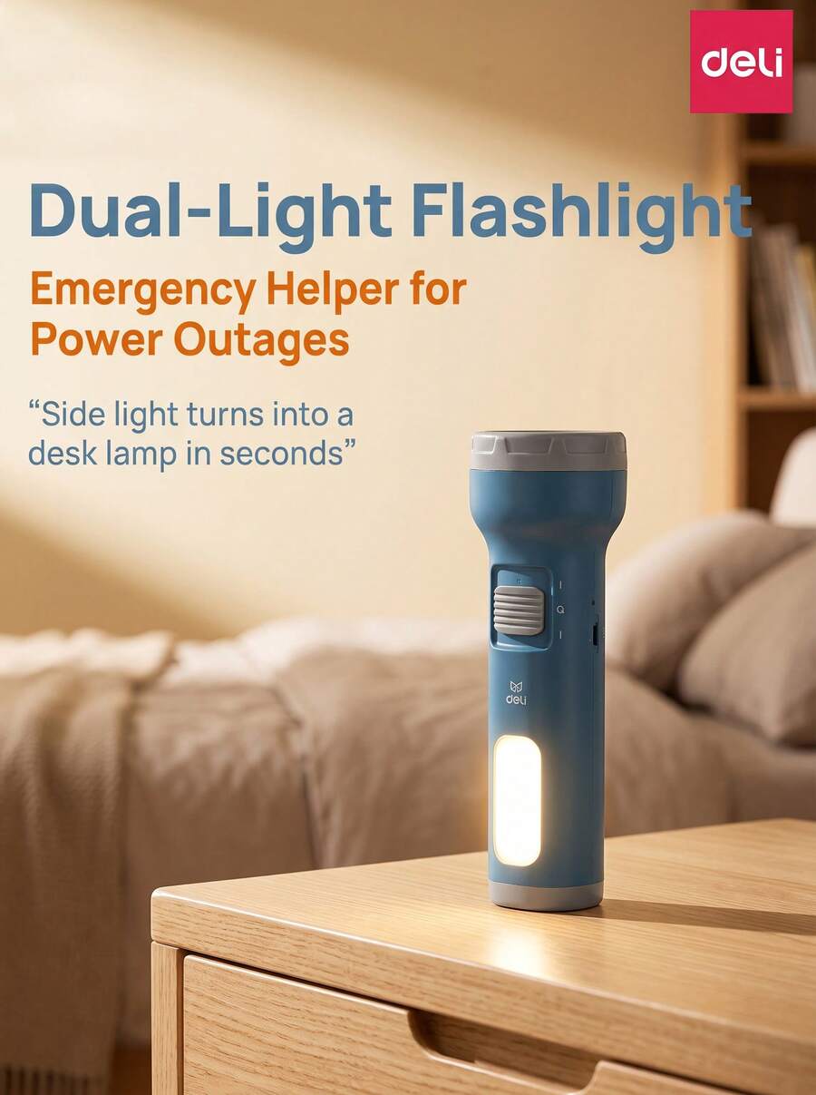 DELI 3662A Flashlight: Dual-Lamp High-Intensity Illumination, Large-Capacity Battery With Fast Charging, High-Brightness LED Light, Versatile For Both Standing And Lighting Applications. - Blue - View 1
