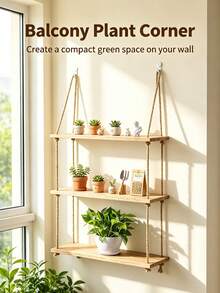 Bohemian Style Rope Hanging Plant Shelf - Wall-Mounted Rope Frame, Suitable For Plants, Artificial Wood Shelf, Space-Saving Decor For Living Room, Bedroom, Balcony - Easy Installation And Minimalist Aesthetic - Multicolor - View 1