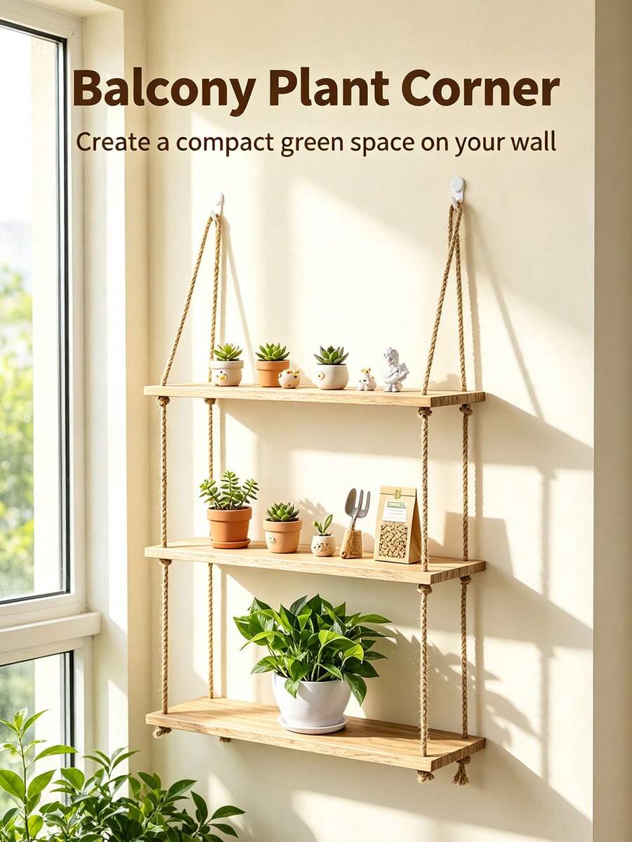 Bohemian Style Rope Hanging Plant Shelf - Wall-Mounted Rope Frame, Suitable For Plants, Artificial Wood Shelf, Space-Saving Decor For Living Room, Bedroom, Balcony - Easy Installation And Minimalist Aesthetic - Multicolor - View 1