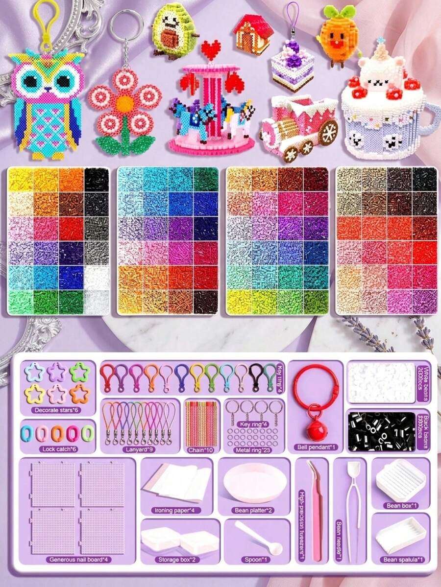 24/48/72/96/120-Color Fuse Beads DIY Craft Kit With Square Pegboards, Multi-Layer Storage Box, Ironing Paper, Keychains, Decorative Accessories And Hanging Cords, DIY Bead Art Set For Holidays, Celebrations, Birthdays And Valentine's Day Gifts