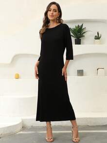 JINLICX Black Round Neck 3/4 Sleeve Loose Fit Floor Length Maxi Dress For Daily & Party - Black - View 6