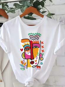 Casual Printed T-Shirt For Women, Short Sleeve Crew Neck With Floral Bright Heart Pattern, Light Breathable Material, Spring Summer Autumn Wear - 白色 - 查看 6