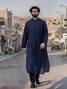 Men's High-End Casual Traditional Arabian Robe, Made Of Comfortable And Breathable Fabric, Suitable For Eid Al Fitr, Weddings, And Daily Wear - Navy Blue - View 2