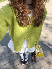 Women's Green Short Knit Cardigan With Large Ruffle Collar And Buttons, Suitable For Garden, Street, Daily Casual, Autumn/Winter Wear - Green - View 3