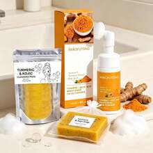 A 4-Piece Turmeric Facial Cleansing Set, Featuring A Pack Of 30 Facial Cleansing Wipes, Three Handmade Turmeric & Kojic Acid Soaps, And A Bottle Of Turmeric & Damask Rose Cleansing Mousse. - 深度清潔 - 查看 5