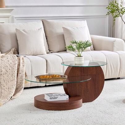 Modern And Minimalist Double-Layer Tempered Glass Coffee Table, Multi-Level Design, High-Quality MDF Support Structure With Black Wood Appearance. Various Colors To Choose From.