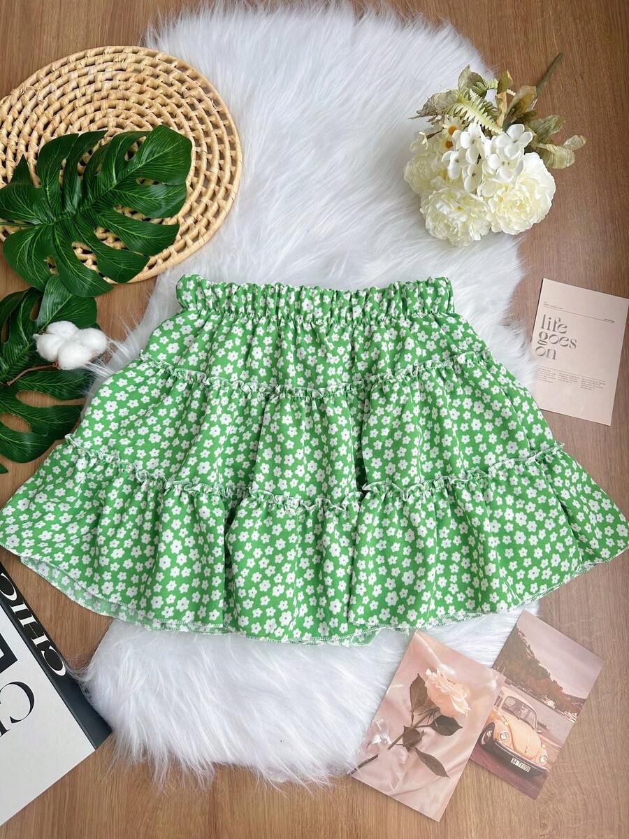 Garotas Saias impressão floral dits bainha com babado SP033-B - Verde - Visão 1