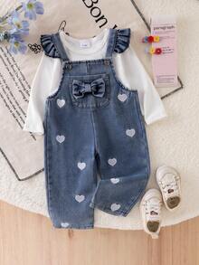 Baby Girl's 2pcs Set: Heart Embroidery Ruffle Pocket Denim Bib Pants + White Ribbed Long Sleeve T-Shirt, Preppy Style - White - View 2