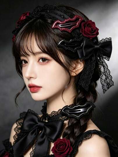 Gothic Bat Shaped Hair Clip, Glitter Black & Red Hair Clip With Rose Lace Bow, Halloween Dark Cosplay Women's Hair Accessory, Gothic Party Costume Decoration