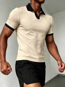 ZYNTH BALENO Men's Summer Fashion Patchwork Slim Fit Regular Shoulder Airplane Collar Short Sleeve T-Shirt, Essential For Summer Sports - Apricot - View 3
