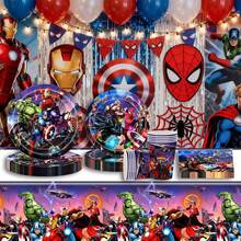 Hero Themed Disposable Party Tableware, Paper Plates Cups Napkins Kit, Indoor Table Arrangement Decor For Xmas New Year Thanksgiving Halloween Festive Gathering - Multicolor - View 1