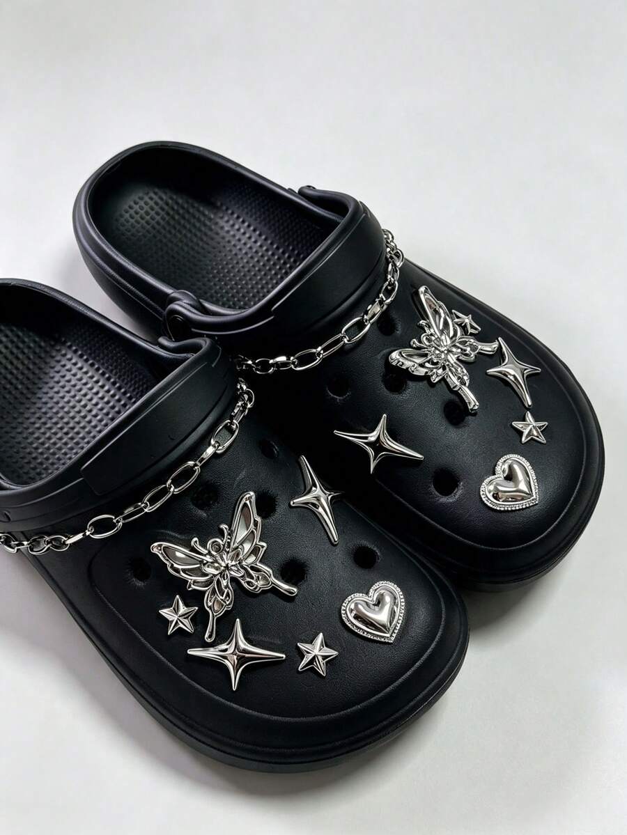 14pcs Silver Rhinestone Butterfly Shoe Charms, Pearl Flower Chain DIY Detachable Accessories For Sandals, Beach Bags, Gift - Silver - View 1