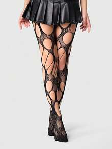 Grunge Punk 1Pair Dark Punk Coffee Ripped Asymmetric Ripped Fishing Net Socks - Multicolor - View 3