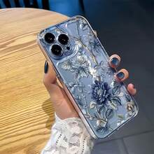 1 قطعة غطاء هاتف TPU مقاوم للصدمات بتغطية كاملة بنمط زهرة الفاوانيا باللون الأزرق الداكن الفضائي بتصميم بسيط مخصص متوافق مع أجهزة Apple 17 16 15 14 13 12 11 Pro Max Air والسلسلة - متعدد الألوان - مشاهدة 5