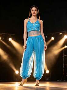 Bohemian Floral Rhinestone Fringe Halter Crop Top With Sparkly Sheer Mesh Harem Pants For Carnival Parades, Desert Festivals & Vacation Shooting (Available In Multiple Colors) - Multicolor - View 10