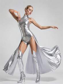 1pc Silver Metallic Elastic Fabric, Shiny Mirror Coating Material, Good Elasticity, Smooth And Soft, Suitable For Stage Costumes, Futuristic Styles, Capes, Fashion Dresses, Photography Props And Artistic Clothing Sewing - Multicolor - View 7