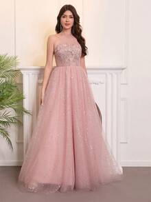 Women's Elegant Backless Sleeveless Long Tulle Ball Gown, Decorated With Applique And Sequin Details, Suitable For Prom And Formal Occasions - Dusty Pink - View 1