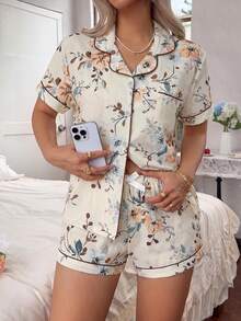 2pcs Women's Comfortable Floral Print Short Sleeve Collared Top And Bow Shorts Pajama Set, Spring/Summer - Apricot - View 5