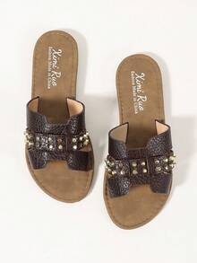 Ximi Ruo Sandalias planas tipo slide de estilo coreano casual para mujer, zapatillas de verano para exteriores con punta abierta, sandalias romanas tejidas nuevas de primavera/verano, zapatos de mujer de estilo francés de moda para combinar con faldas para salidas, playa, apartamento, zapatos planos de exterior de color marrón - Café integral - Ver 6