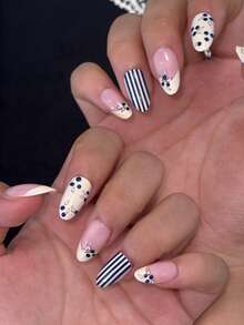 10Pcs Short Almond Handmade Press‑On Nails, Mixed Nude & Cream Base Design, Hand‑Painted Blueberry Floral Print + Blue‑White Vertical Stripes, Fresh Summer Minimalist Reusable False Nail Set For Daily Wear & Dates - Follow Your Heart - View 6
