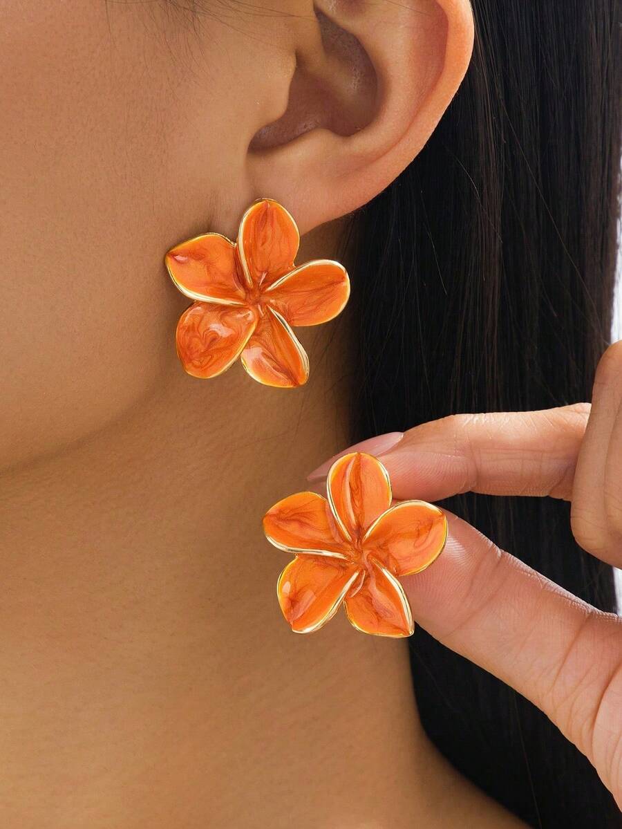 1 Pair Summer Vacation Beach Style Romantic Elegant Exquisite Luxury Handmade Drip Oil Gradient Tie Dye Orange Plumeria Stud Earrings For Women - Orange - View 1