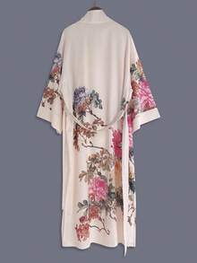 日式玫瑰花卉印花中長版 3/4 袖和服罩衫薄外套 女款歐美優雅派對街頭休閒罩衫 沙灘旅行度假穿著 薄披肩晨袍家居浴袍附腰帶 長款晨袍連身裙 - 粉色 - 查看 3