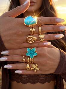 10pcs/Set Vintage Fashion Bohemian Style Colorful Blue Conch Shell Starfish Scallop Oil Drop Plumeria Layered Open Adjustable Gold-Tone Rings Set Sweet Personalized High-End Stacked Jewelry Suitable For Women Vacation Party Date Gift Daily Wear Versatile Jewelry Ideal Gift For Girlfriend, Family - Blue - View 1