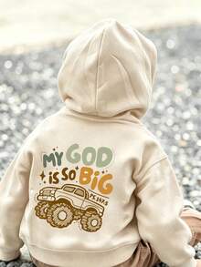 Young Boy Fun Print Pullover Sweatshirt, Warm & Comfortable Thermal Lined Pullover Sweatshirt For Autumn/Winter - Apricot - View 2