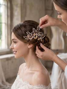 3pcs Elegant Gold Rhinestone & Pearl Hair Clips, Handmade Leaf-Shaped Bridal U-Shaped Hair Forks, Romantic Women's Wedding Hair Accessories - Multicolor - View 3